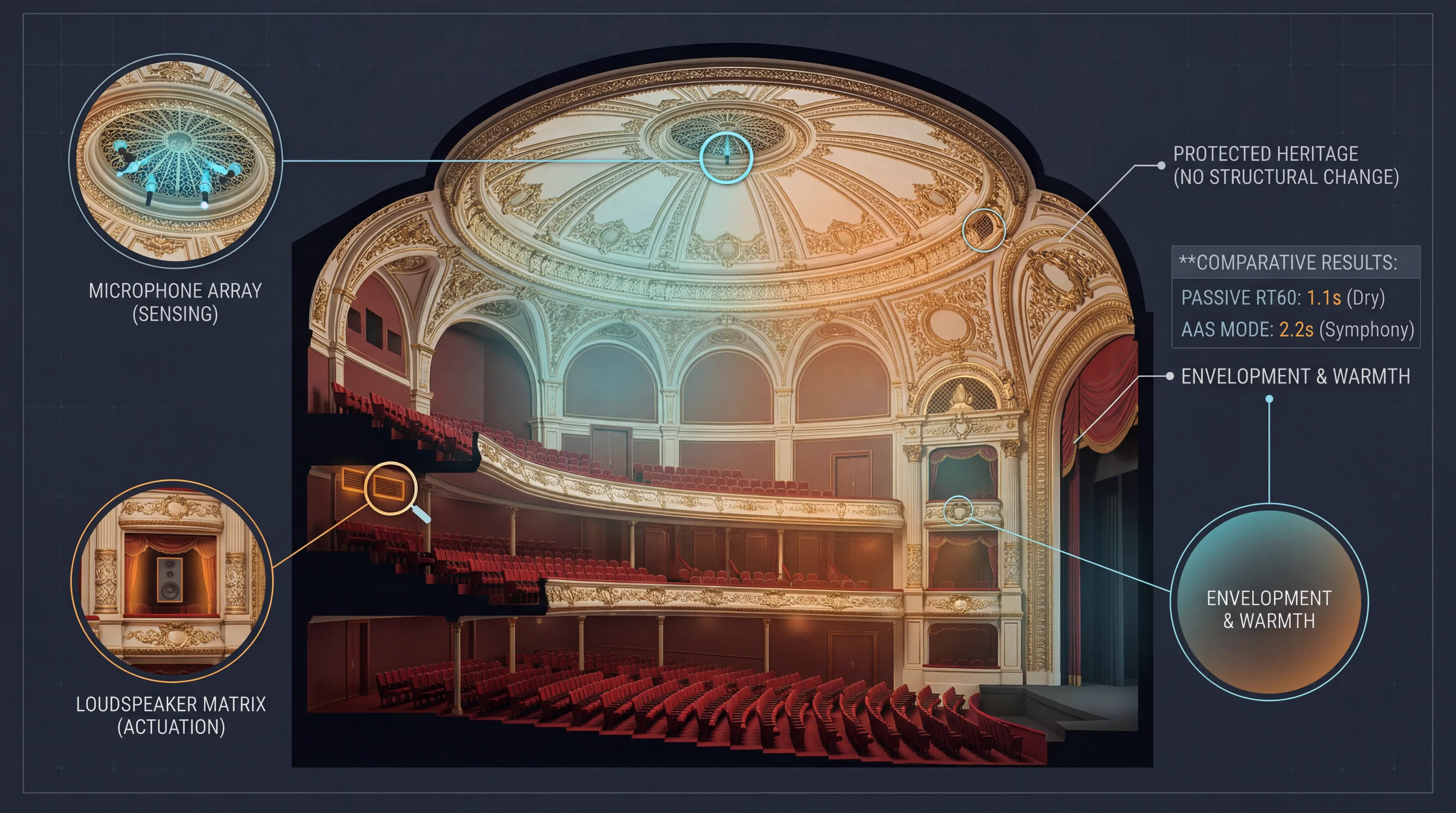 Active acoustics integration in an existing venue: planned together with room acoustics, lighting positions and rigging.