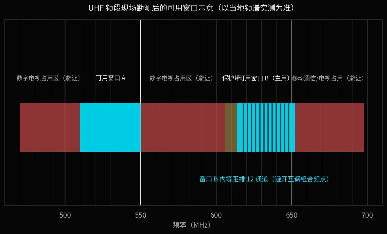 UHF 频段现场勘测示意:电视与通信占用区之间才有可用窗口,频点必须在窗口内精细排布。
