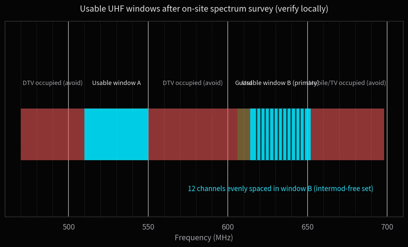 On-site UHF survey: usable windows exist only between TV and telecom occupancy; frequencies must be placed precisely inside the windows.