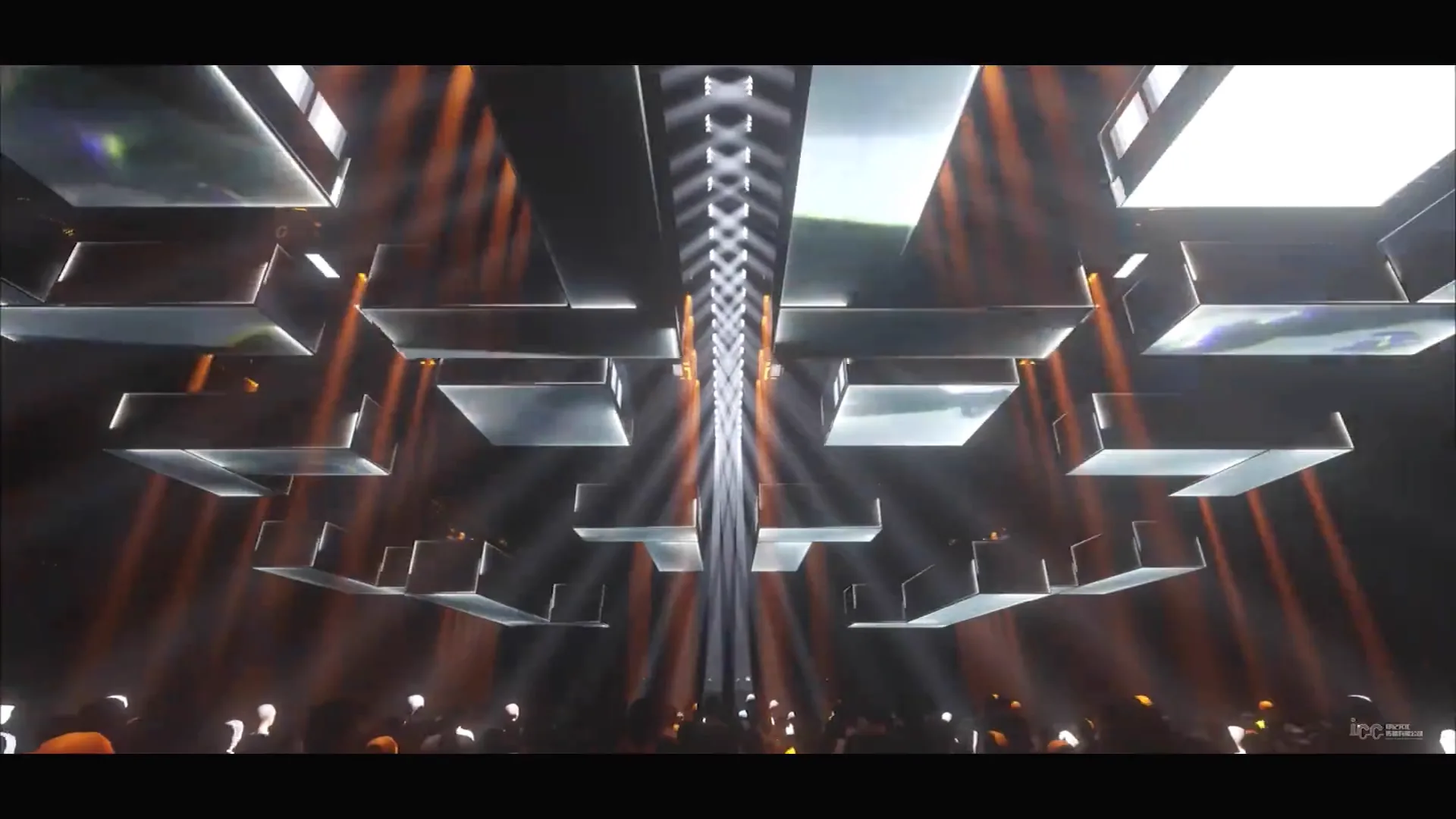 Atlantis Club geometric ceiling modules lit in white and amber tones
