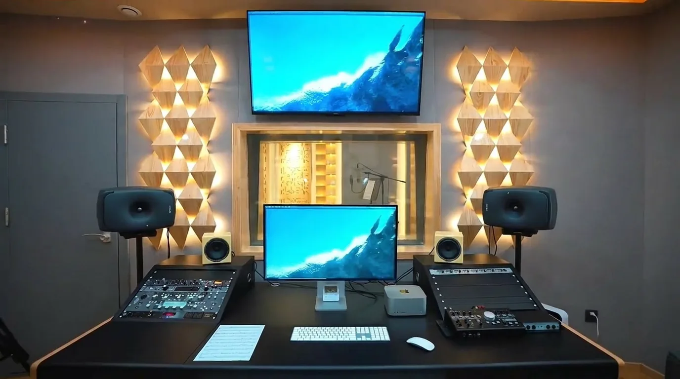 Control room front workspace with custom black desk, dual displays, outboard gear racks, monitors, and observation window