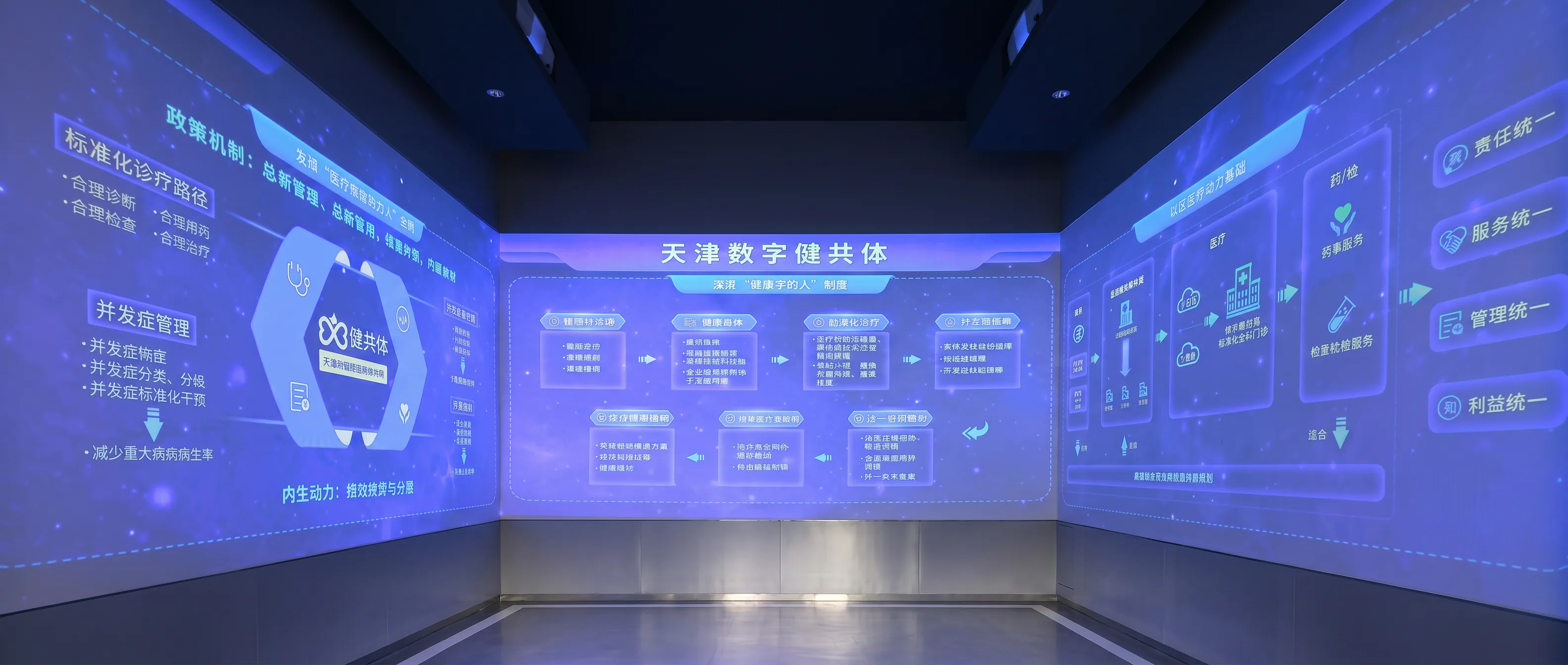 数字医疗展厅三折面全景数据舱，多通道投影融合呈现高密度医疗业务逻辑